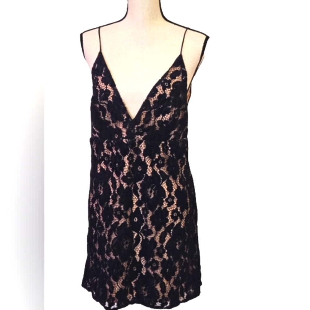 Free People Dangerous Love Black Floral Lace Mini Dress with Beige Liner,Size 12